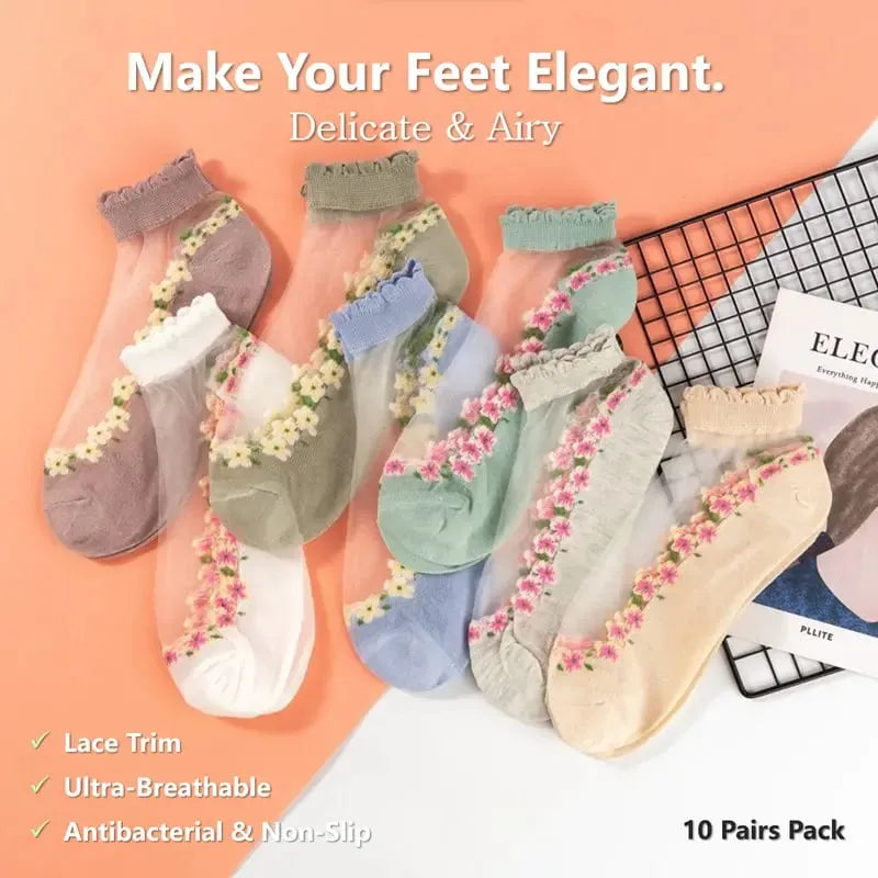 🌺🧦 Ženske proljetno-ljetne čarape do gležnjeva s cvjetnim čipkastim uzorkom 👠