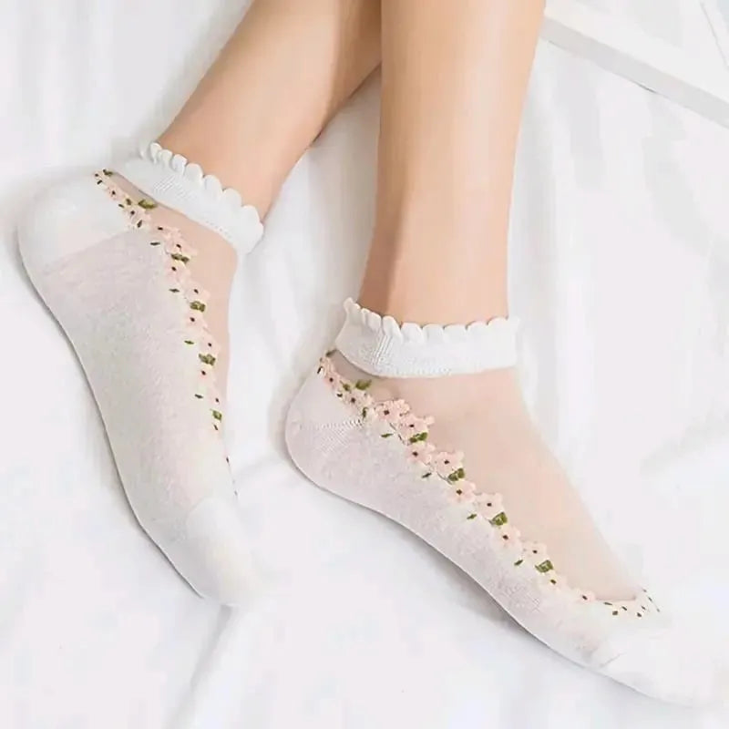 🌺🧦 Ženske proljetno-ljetne čarape do gležnjeva s cvjetnim čipkastim uzorkom 👠